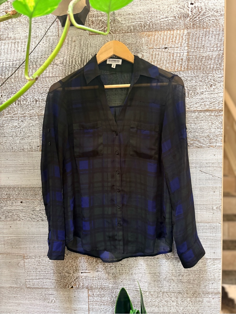 Express | "Portofino" Sheer Plaid Button-Up Shirt - Women's XS, Blue/Green